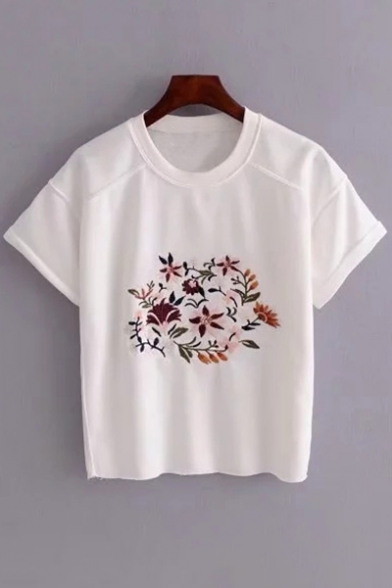 Floral Embroidered Round Neck Short Sleeve Leisure Tee