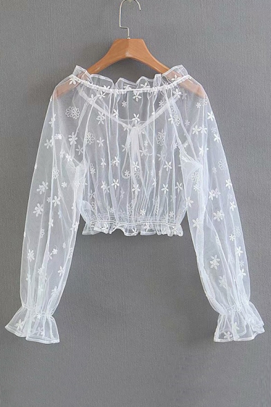 Floral Sheer Mesh Embroidered Round Neck Long Sleeve Crop Blouse
