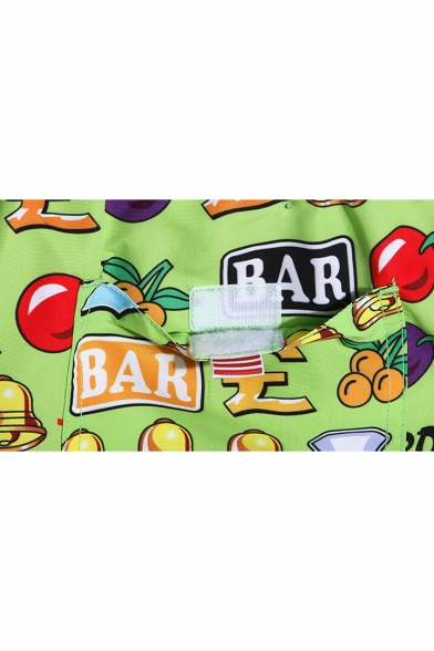 Green Fruit Letter Print Swim Trunks with Drawcord and Mesh Lined Pockets