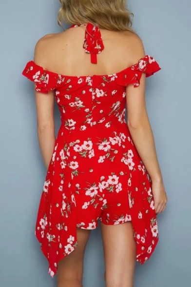 Off The Shoulder Short Sleeve Floral Printed Mini Asymmetric Hem Dress