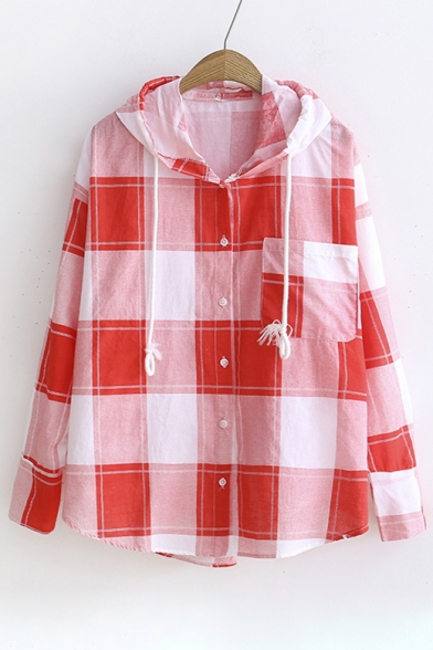 Plaid Printed Long Sleeve Sun Proof Hooded Buttons Down Coat