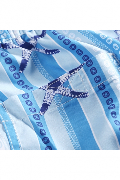 Pop Fashion Quick Drying Elastic Drawcord Mens Blue Striped Starfish Swim Shorts with Brief Liner