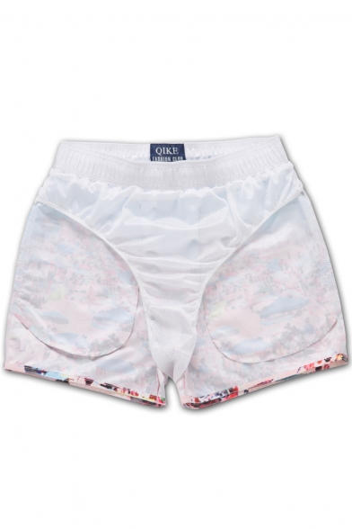 Quick Dry Pink and Blue Mens Drawcord Seaside Pattern Beachwear Trunks with Brief Lining