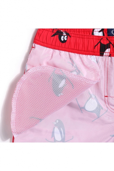 Red Cute Guys Drawstring Skiing Penguin Swim Trunks without Brief Liner