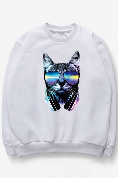 Sun Glasses Cat Printed Round Neck Long Sleeve Pullover Sweatshirt