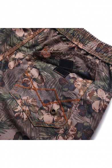 Top Rated Big Mens Brown Floral Print Swim Trunks Shorts with Drawcord and Mesh Brief