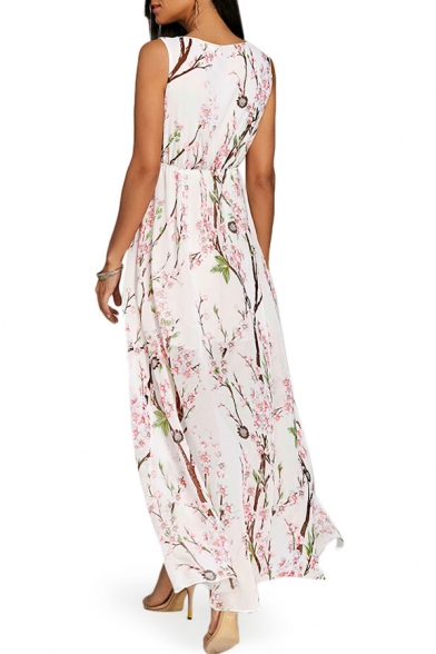 V Neck Sleeveless Floral Printed Split Front Maxi Asymmetrical Dress