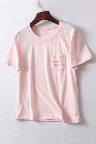 100% HUMAN Letter Printed Pocket Round Neck Short Sleeve Tee