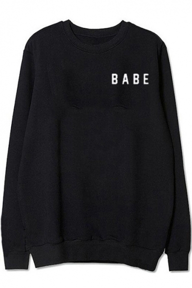 BABE Letter Printed Round Neck Long Sleeve Pullover Sweatshirt