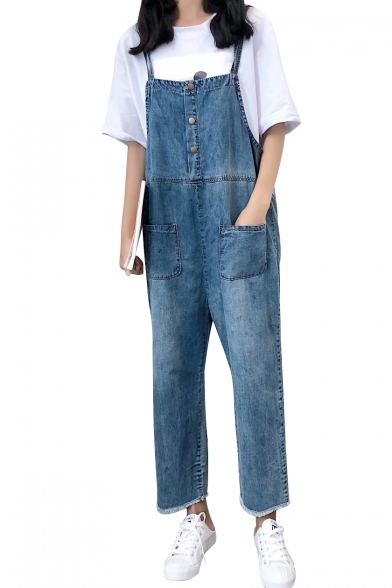 Buttons Down Straps Sleeveless Loose Overall Denim Jumpsuit