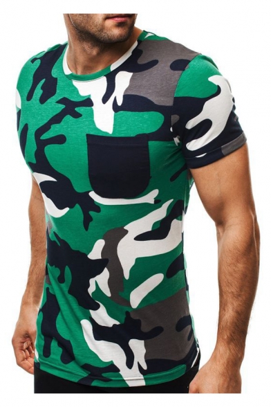Camouflage Printed Round Neck Short Sleeve Slim Tee with Pocket