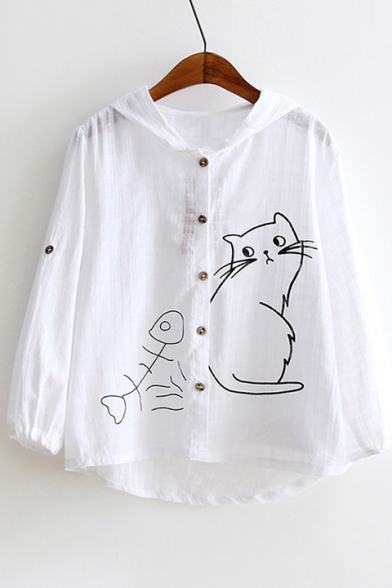 Cat Fish Printed Long Sleeve Buttons Down Hooded Sun Proof Coat