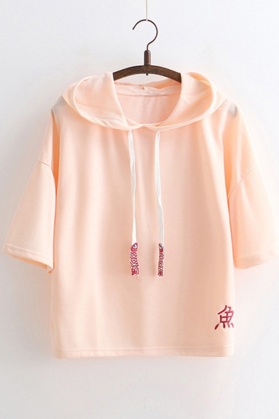 Chinese Embroidered Fish Pattern Embellished Short Sleeve Hooded Tee