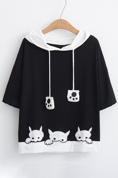 Color Block Drawstring Hood Short Sleeve Cat Embroidered Hooded Tee