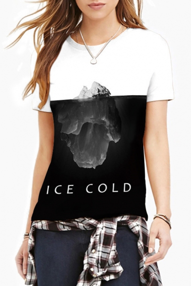 Color Block ICE COLD Letter Iceberg Printed Round Neck Short Sleeve Tee