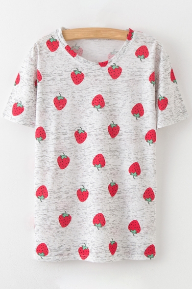 Comfort Loose Strawberry Printed Round Neck Short Sleeve Tee