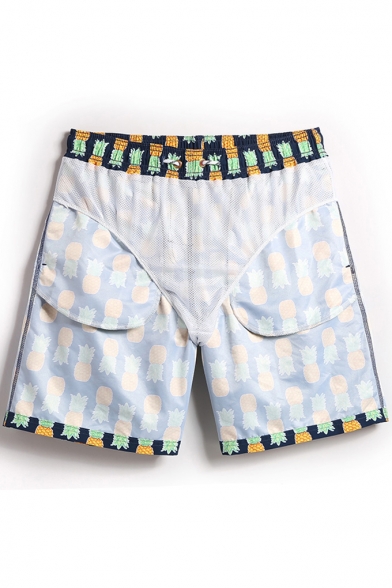 Cool Mens Navy Blue Pineapple Pattern Swim Shorts Trunks with Mesh Lining and Pockets