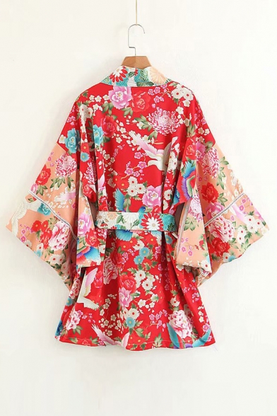 Crane Floral Printed Collarless Flare Long Sleeve Kimono