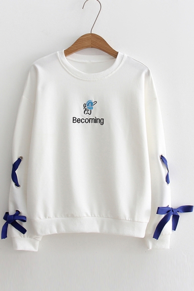 Cute Embroidered Round Neck Drawstring Embellished Long Sleeve Sweatshirt