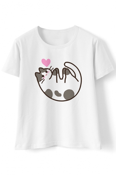 Cute Heart Cat Printed Round Neck Short Sleeve Tee