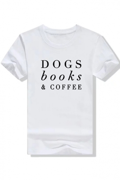 DOGS BOOKS COFFEE Letter Printed Round Neck Short Sleeve Tee