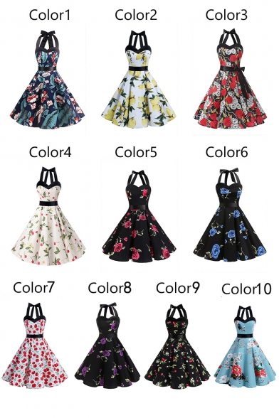 Elegant Retro Floral Printed Halter Sleeveless Midi A-Line Dress