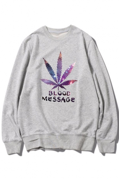 Fashionable Leaf Letter BLOOD MESSAGE Print Round Neck Long Sleeves Pullover Sweatshirt