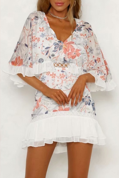 Floral Printed Color Block Half Sleeve V Neck Hollow Out Mini A-Line Dress