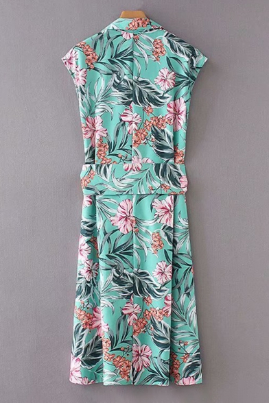 Floral Printed Lapel Tie Waist Sleeveless Single Breasted Button Dress