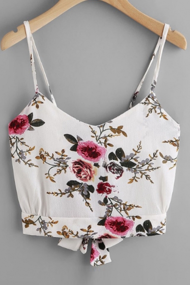 Floral Printed Spaghetti Straps Bow Back Cropped Tee
