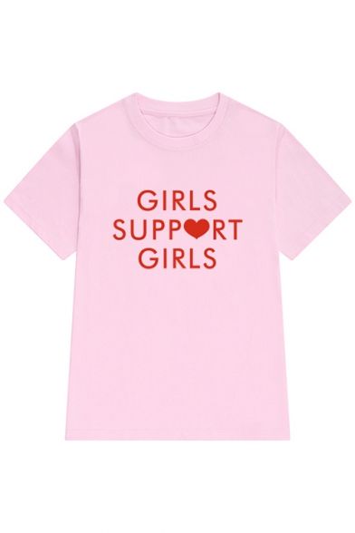 GIRLS SUPPORT GIRLS Heart Printed Round Neck Short Sleeve Tee