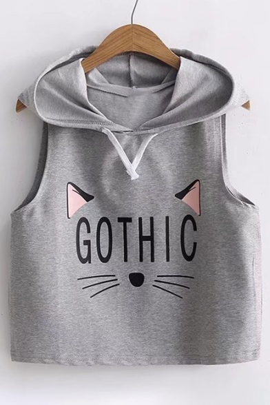 GOTHIC Letter Cat Pattern Printed Sleeveless Crop Hooded Tank