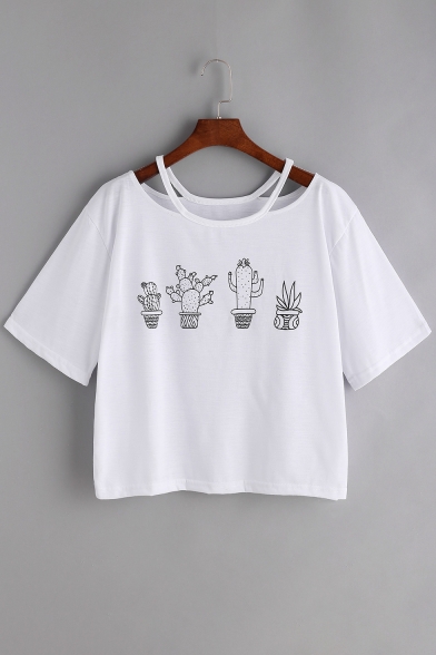 Hollow Out Cactus Printed Round Neck Short Sleeve Tee
