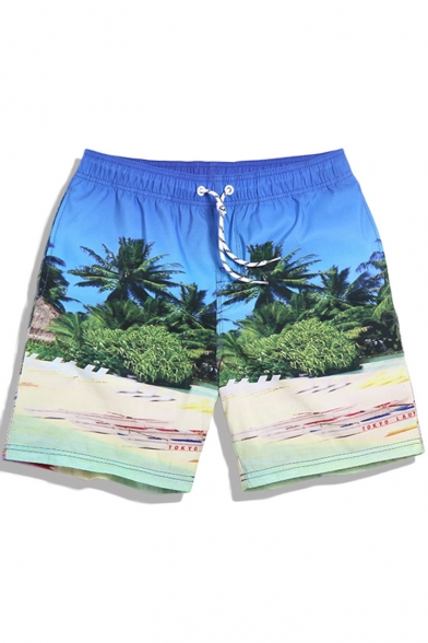 Hot Fashion Men's Blue Sand Palm Swim Trunks Beach Shorts without Liner