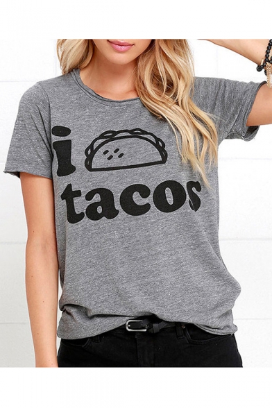 I TACOS Letter Printed Round Neck Short Sleeve Tee