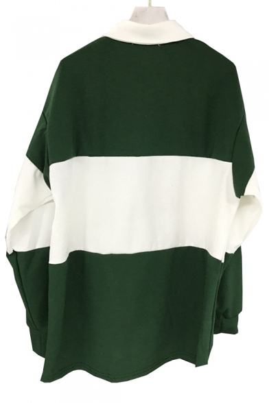 Letter Embroidered Color Block Lapel Collar Long Sleeve Sweatshirt