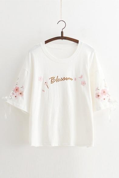 Letter Floral Embroidered Round Neck Short Sleeve Tee