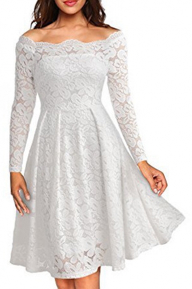 Off The Shoulder Long Sleeve Midi A-Line Lace Dress