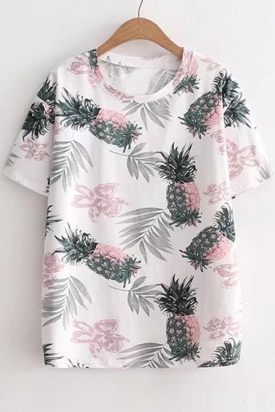 Pineapple Floral Printed Round Neck Short Sleeve Tee