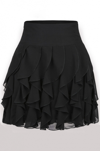 Pleated Plain Elastic Waist Mini Chiffon Skirt