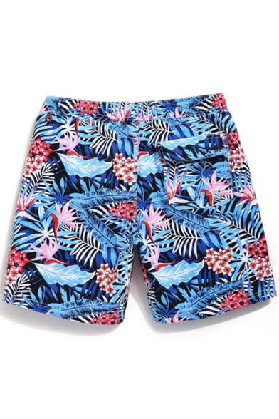 Quick Dry Hot Summer Blue Short Tropical Pattern Stretch Beachwear for Men with Brief Liner