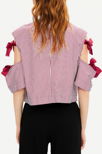 Round Neck Hollow Out Short Sleeve Bow Embellished Striped Blouse
