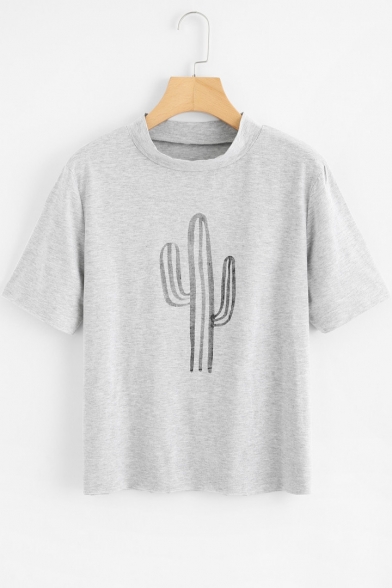 

Simple Cactus Printed High Neck Short Sleeve Tee, LC472031