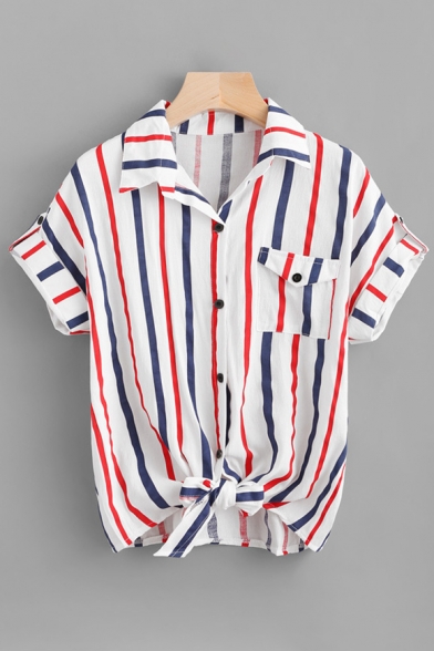 Trendy Striped Printed Lapel Collar Short Sleeve Buttons Down Tied Hem Shirt