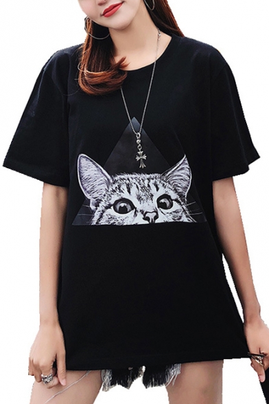 Triangle Cat Printed Round Neck Short Sleeve Tee