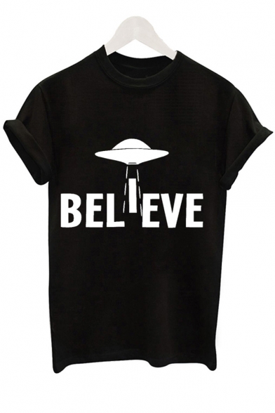 BELIEVE Letter UFO Printed Round Neck Short Sleeve Tee