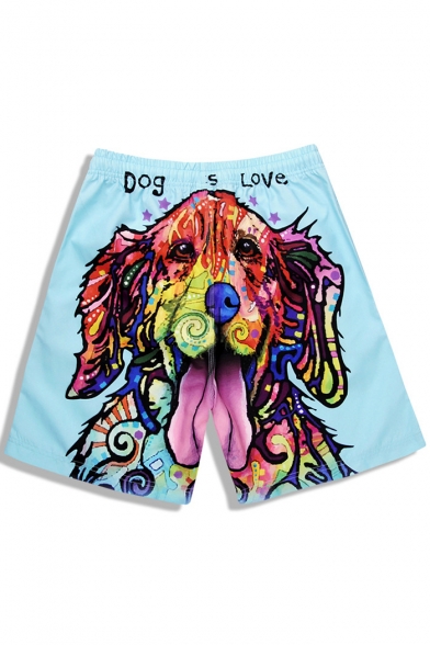 Bright Blue Drawstring Mens Trendy Fast Dry Dog Letter Printed Swim Shorts with Pockets