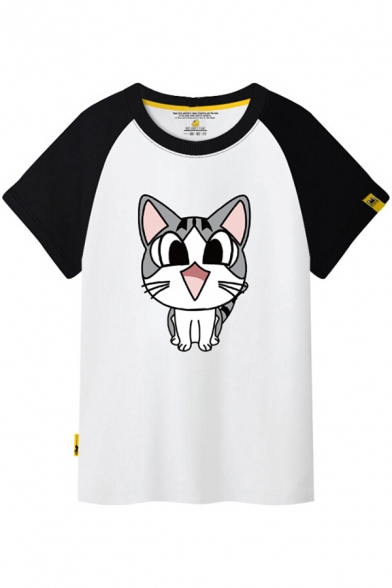 Color Block Short Sleeve Cat Printed Round Neck Tee