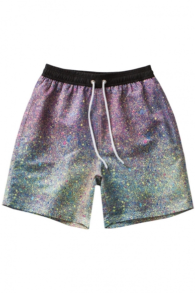 Colorful Elastic Heathered Purple Ombre Print Drawcord Swim Shorts for Male