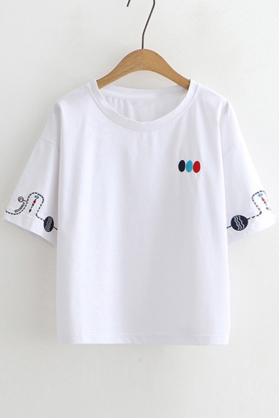 Colorful Embroidered Round Neck Short Sleeve Tee